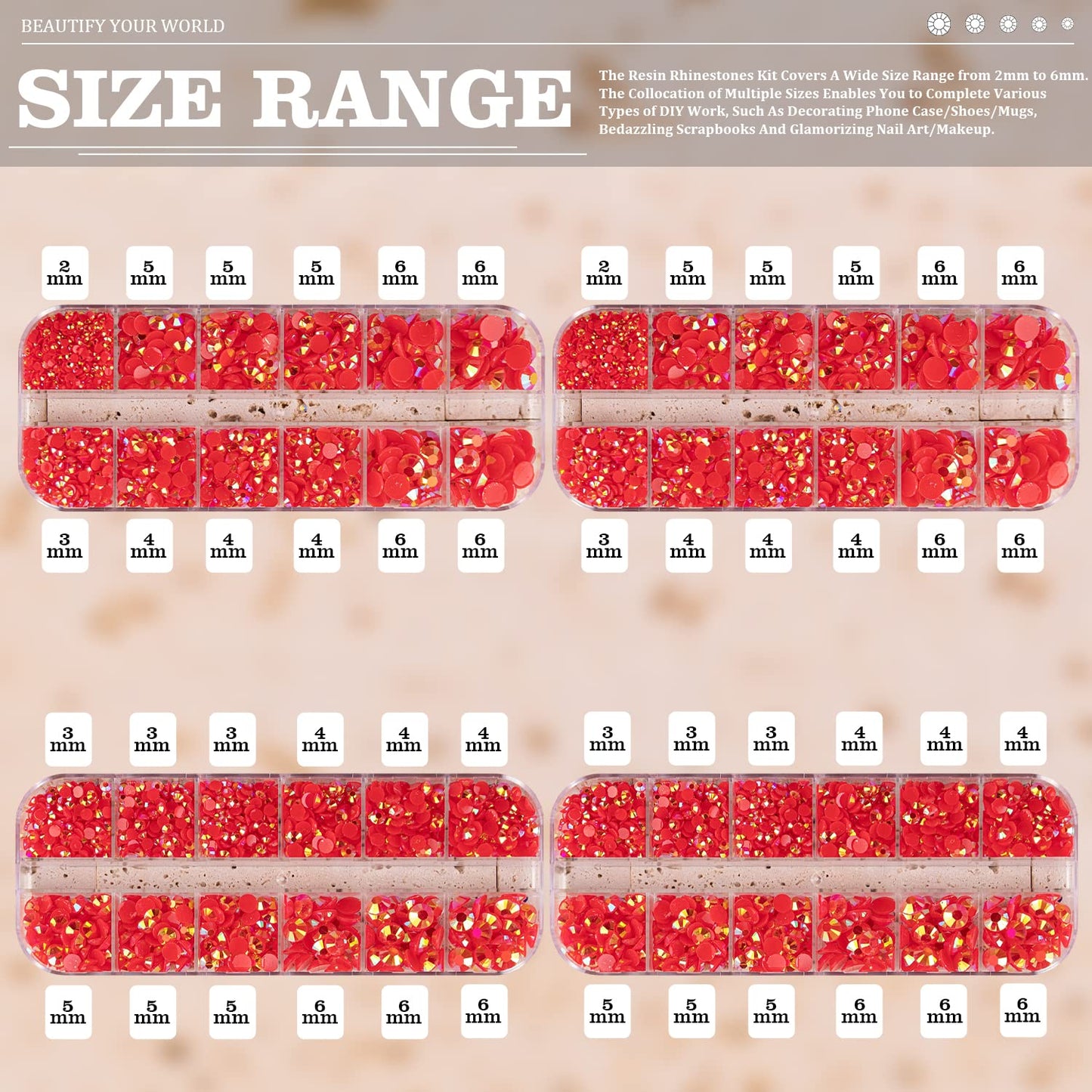 7000PCS Resin Rhinestones with Tweezers for Crafting, 2/3/4/5/6mm Flatback Jelly Rhinestones, 4 Box Red AB Non Hotfix Crystal Gems for DIY Crafts Mugs Tumblers Clothes Makeup Nail