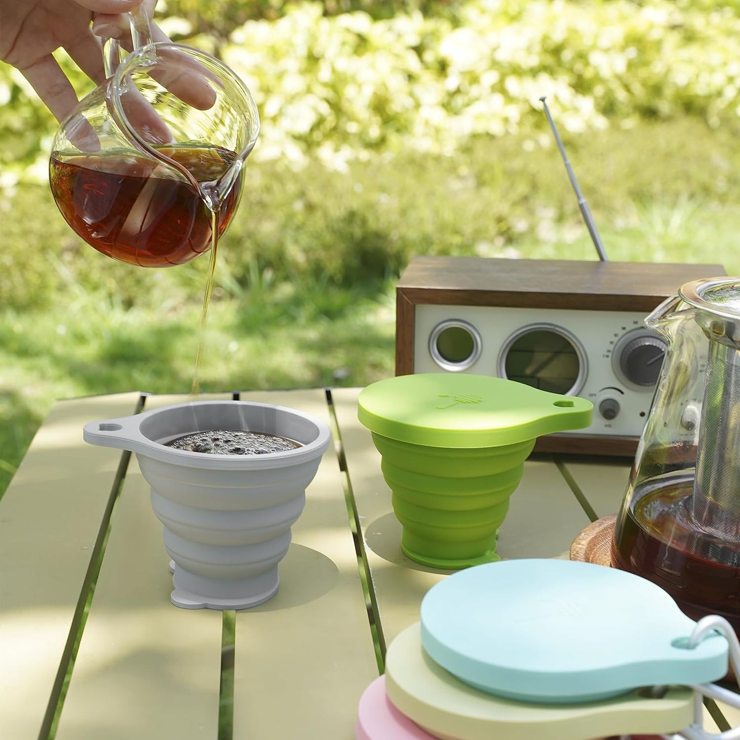 IYYI Collapsible Cup for Traveling, Silicone Camping Cup, Foldable Mug with Lid, Portable Cup for Camping, Hiking, Outdoors, Travel, Folding Mug (Gray-Matcha