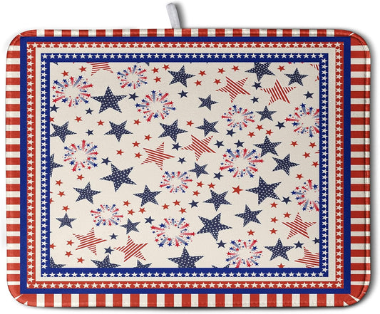 Happy 4th of July Patriotic Dish Drying Mat 16 x 18 Inch US Independence Day Vintage Star Kitchen Drying Mat Blue White Red Dish Drainer Mats Super Absorbent Dish Rack Pad for Coffee Bar Sinks