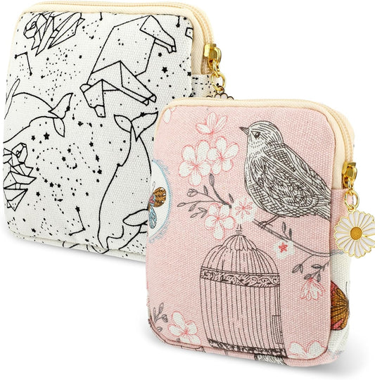 cobee 2PCS Sanitary Pad Storage Bag, Cute Sanitary Napkin Storage Purses Portable Period Bag with Daisy Zipper Panty Liner Tampon Menstrual Cup Nursing Pad Holder Pouch for Girls Women Travel(Bird)