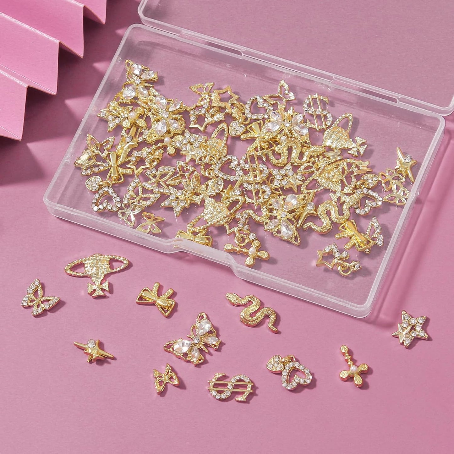 Artdone Nail Art Studs Kit, 3D Gold Cross Nail Charms and Diamond Butterfly Gems Bulk Nail Jewels Shiny Star and Moon for DIY Professional Manicures Decoration