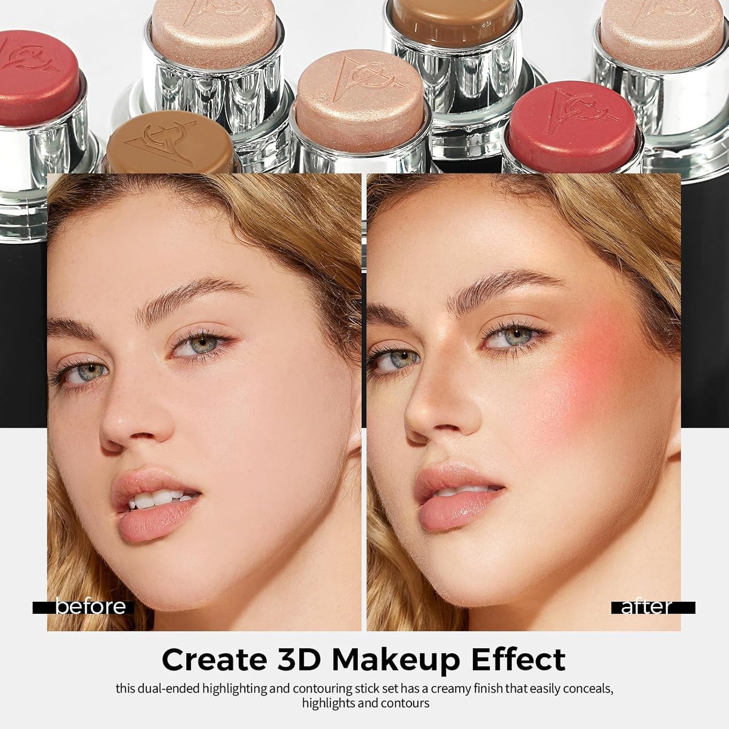 3PC Anglicolor Highlighter Long Lasting,Contour Stick Makeup Naturally,Blush Makeup Smoothing,High Color Rendering,Easy To Mix,Vegan & Cruelty-Fre