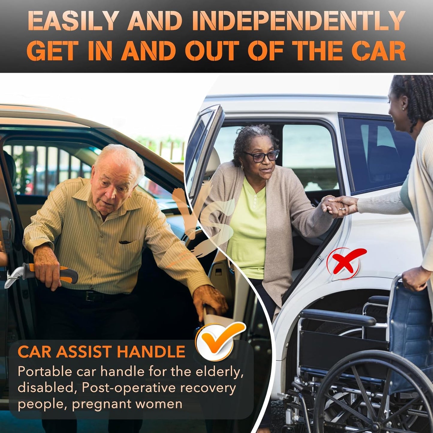 Car Door Handle for Elderly Car Handle Assist Support, Portable Auto Grab Handles for Handicap Seniors, Black and Orange 2 Pcs