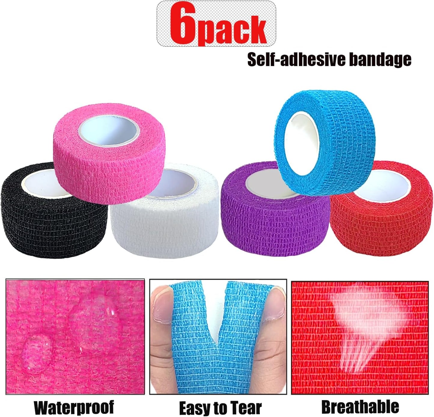 Hysiwen 6 Pack 1" x 5 Yards Self Adhesive Bandage Breathable Cohesive Wrap Self Adherent Vet Tape Self Stick Bandage Wrap for Sports, Athletic, Wrist, Ankle(Multi Colors)