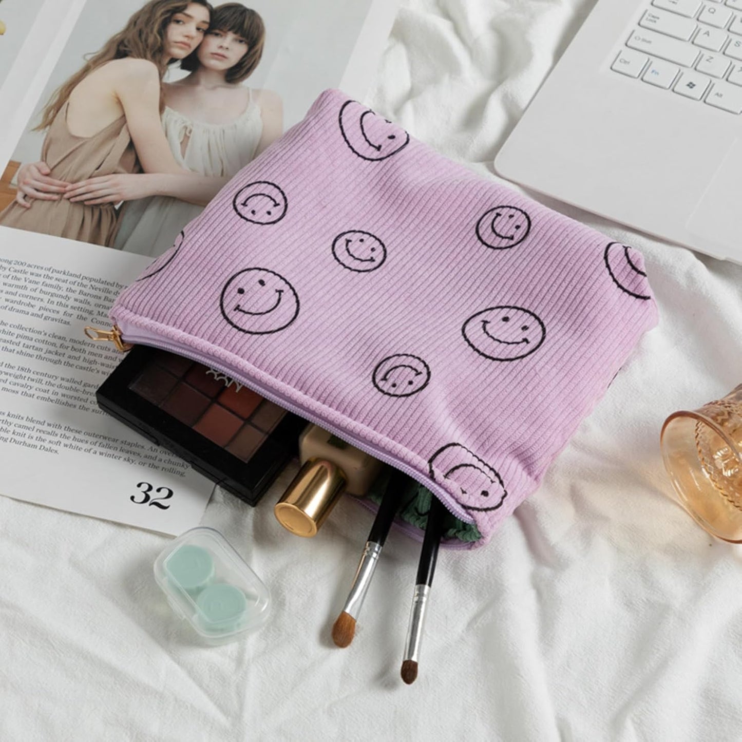 Cosmetic Bags for Women - Corduroy Cosmetic Bag Aesthetic Women Handbags Purses Smile Dots Makeup Organizer Storage Makeup Bag Girls Case Bags (Double Purple Green)