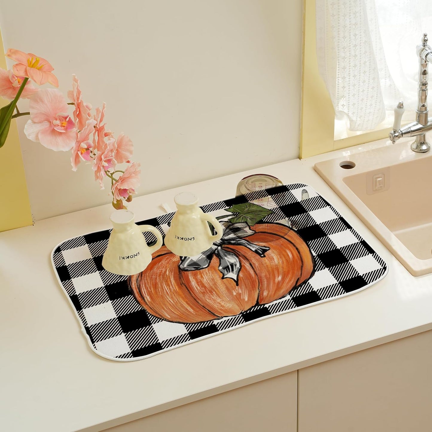 Fall Dish Drying Mat for Kitchen Counter, 18x24 Inch Buffalo Plaid Orange Pumpkin Absorbent Dish Drying Pad Heat Resistant Mat Coffee Bar Mat Dish Drainer Rack Mat
