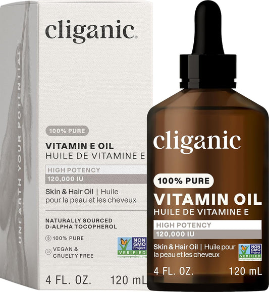Cliganic Pure Vitamin E Oil for Skin, Scars, Hair & Face - 120,000 IU, Non-GMO Verified | Natural D-Alpha Tocopherol