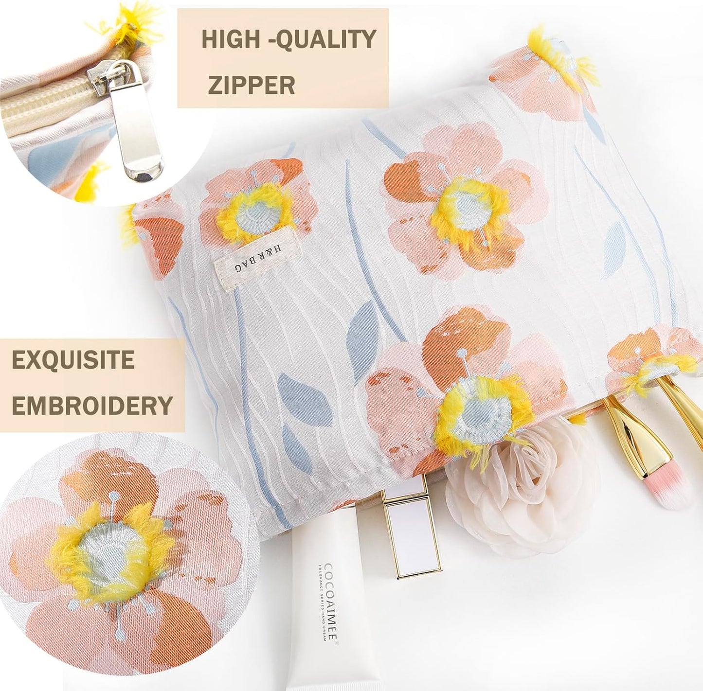 2 Pcs Makeup Bags, Large Cosmetic Bag Travel Toiletry Bag Organizer for Women, Embroidery Craft, Floral Makeup Bag Small Cosmetic Pouch Purse with Zipper Gifts for Girls Teen