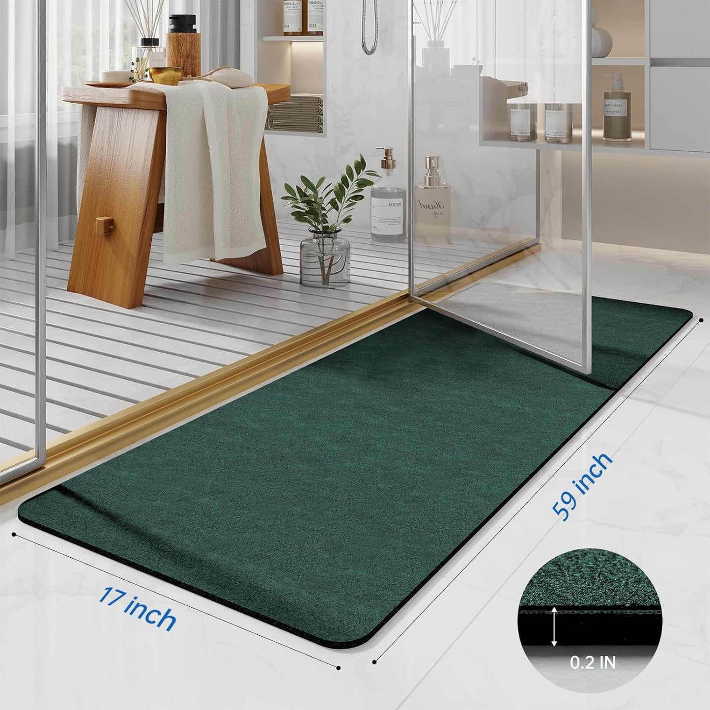 Dark Green Long Bathroom Mat Rugs 59x17 Long Diatomaceous Earth Bath Mat Large Quick Dry Bath Mat Non Slip Rubber Backed Super Absorbent Shower Mat, Thin Bathroom Runner Rugs Floor Mat Fit Under Door