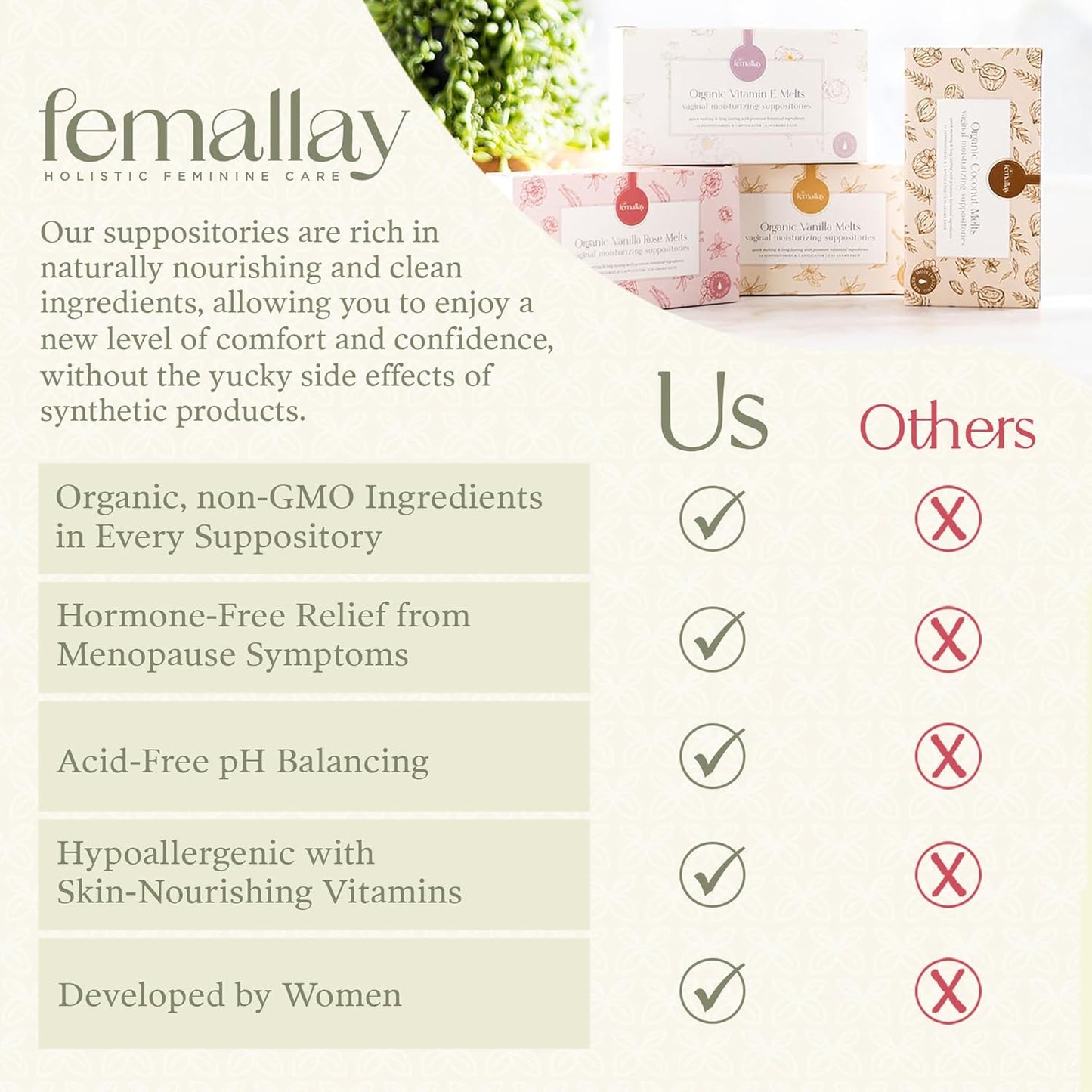 Femallay Organic Vaginal Moisturizing Suppositories – Rose – 100% Natural Relief for Dryness, Odor & Daily Feminine Discomfort – 14 Count + Applicator