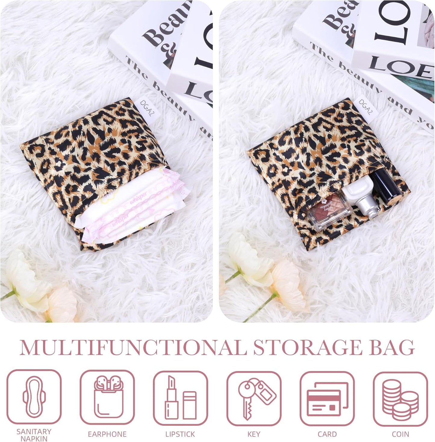 DGAZ Sanitary Napkin Storage Bag, Period Bag for Teen Aged Girls, Portable Period Bag for Panty Liners/Menstrual Cup/Small Tampons，Mini Makeup Bag for Purse(Leopard A)