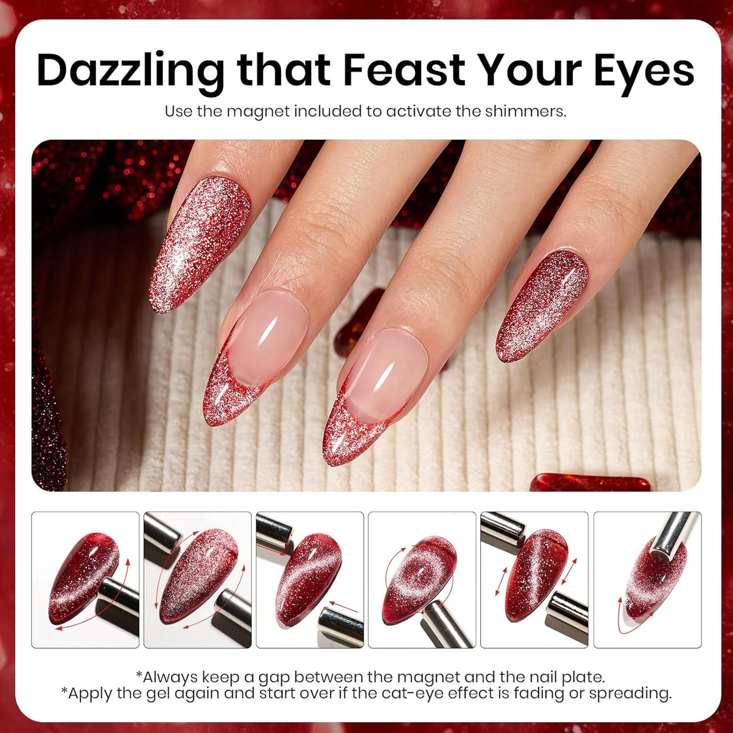 Beetles Red Cat Eye Gel Nail Polish, 15ml Glitter Nail Polish with Magnet Gel Soak Off UV LED Nail Lamp Reflective Nail Art DIY Home Manicure Design Gift for Women