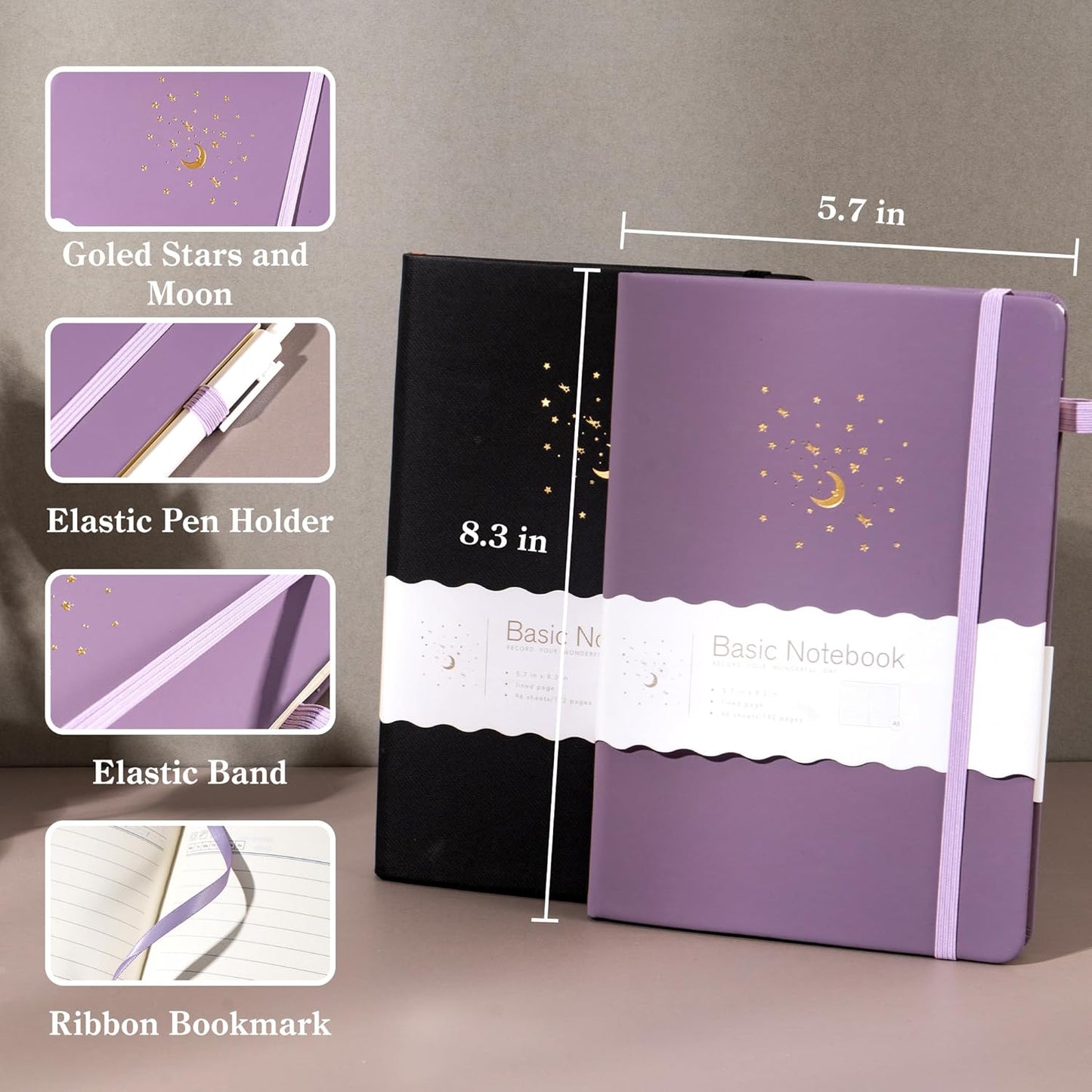 CAGIE 2 Pack Journals Notebook for Women Men, Hardcover Journaling Notebooks with Pen Loop, A5 Small Journal for Work Writing Note Taking Gifts, 5.7" x 8.3", Black& Purple