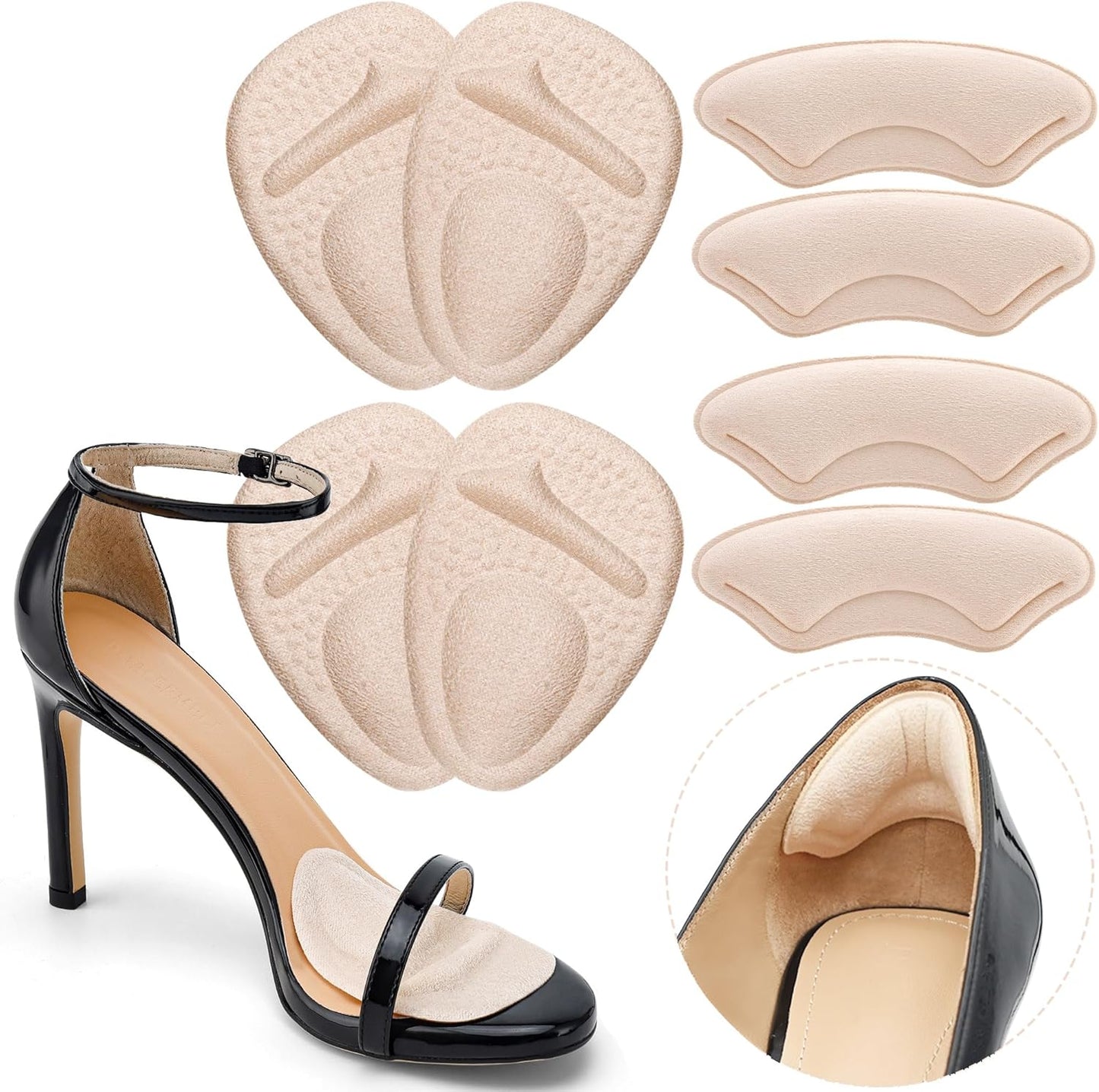 Heel Cushion Pads, Metatarsal Pads for Women, Ball of Foot Cushions, Liners for Pain Relief, Prevent Blisters Friction, Shoe Inserts for Loose Shoes to Make Fit Tighter (4 Pairs)