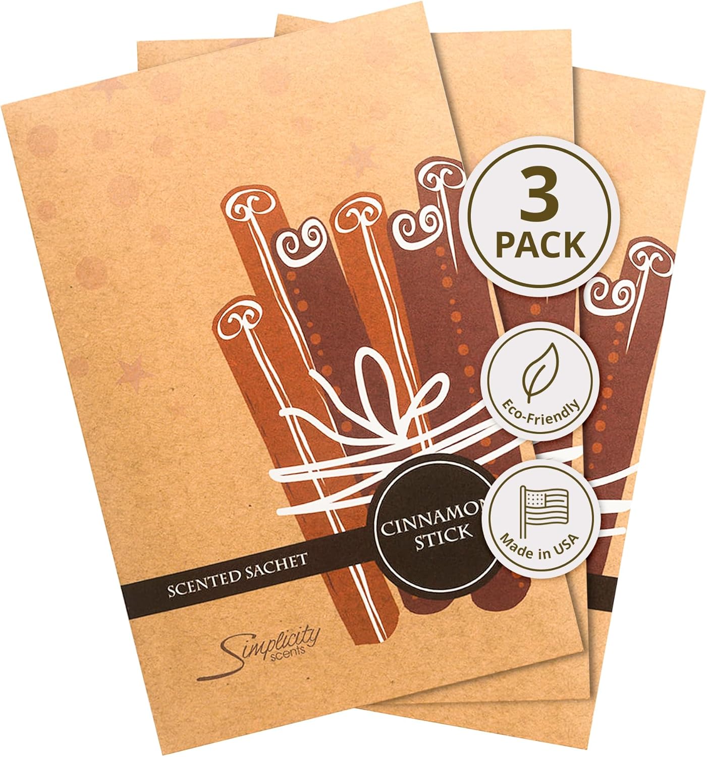 Simplicity Scents Cinnamon Sticks Scented Sachets Pack of 3, Fall & Winter - Long-Lasting Scented Bags, Home Fragrance, Air Freshener & Deodorizer for Closet, Room, Drawer, or Cars, Made in The USA