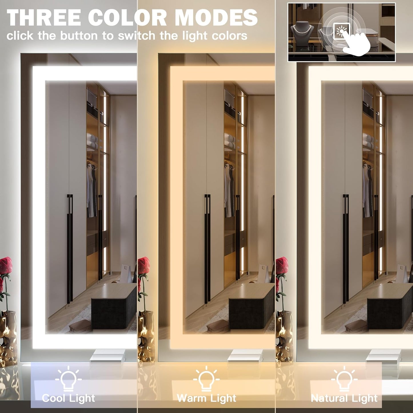 42x32 Inch Lighted Vanity Mirror, 3-Color Lighting & Dimmable Modes, Large LED Makeup Mirror for Bathroom/Dressing Room (Wall/Tabletop Mount, White)