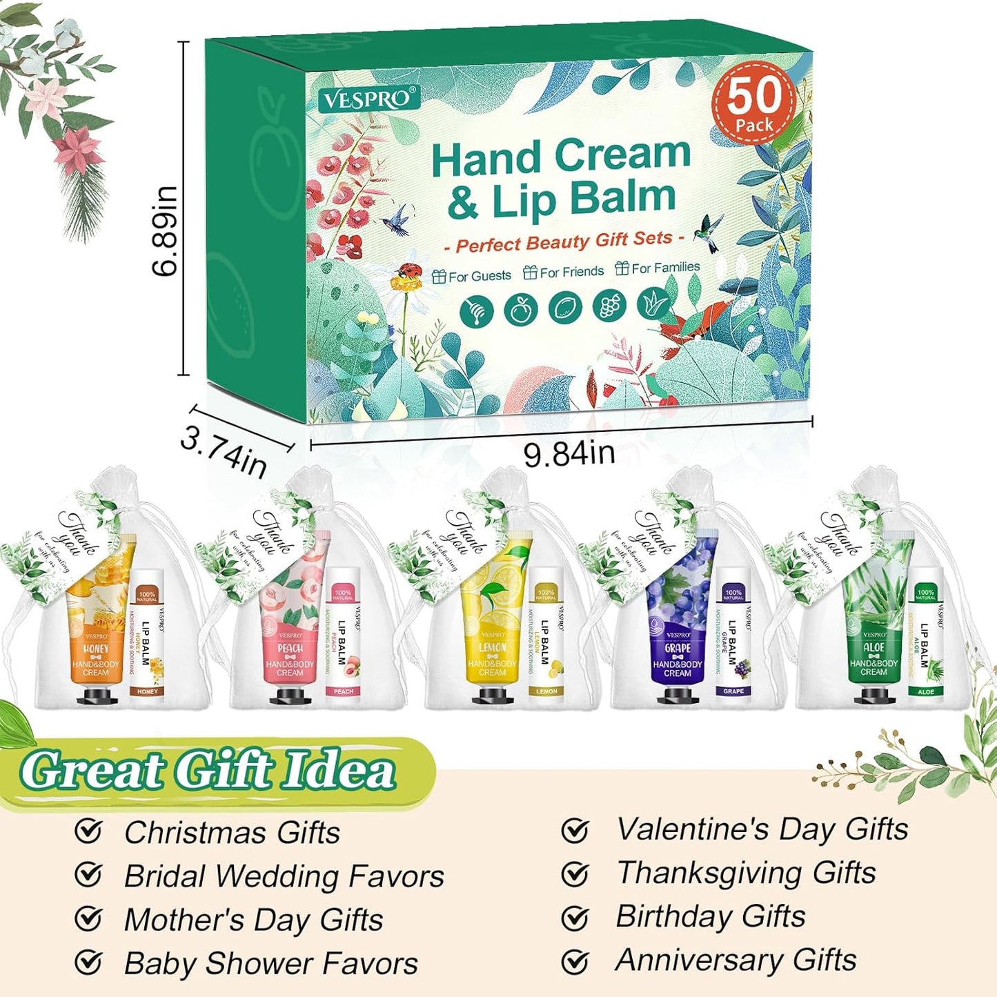 50 Sets Hand Cream Bulk and Lip Balm Bulk Gifts, Bridal Shower Favors, Bridesmaid Gifts and Baby Shower Party Favors for Guests with Thank Card Organza Bags, Thank You Gifts and Small Gifts for Women