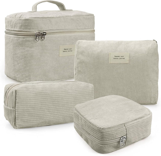 4 Pcs Makeup Bag for Women Corduroy Cosmetic Bag Aesthetic Cute Bags Multi Size Purse Pouch Travel Toiletry Bag Set Makeup Organizer with Zipper(Beige)