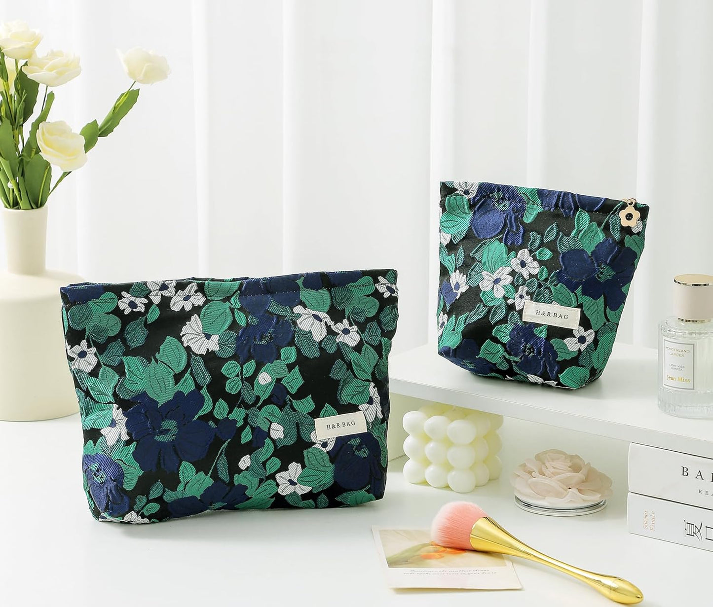 2 Pcs Makeup Bags, Large Cosmetic Bag Travel Toiletry Bag Organizer for Women, Embroidery Craft, Floral Makeup Bag Small Cosmetic Pouch Purse with Zipper Gifts for Girls Teen