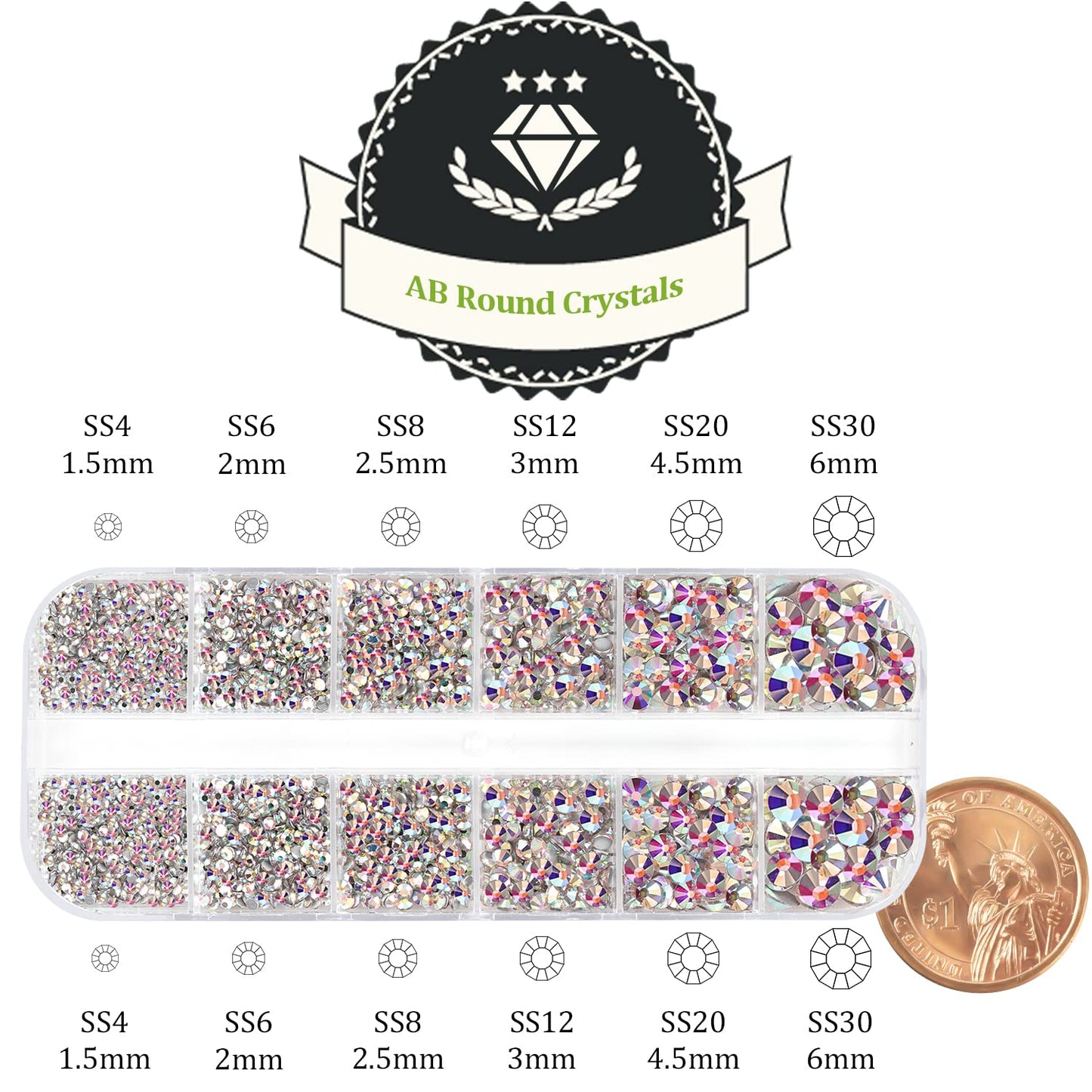 One Pack 2000 Pcs of Flatback Round AB Crystal Rhinestones 6 Sizes (1.5-6 mm) with Nail Art Rhinestone Picker Pencil and Tweezer for DIY and Salon Use