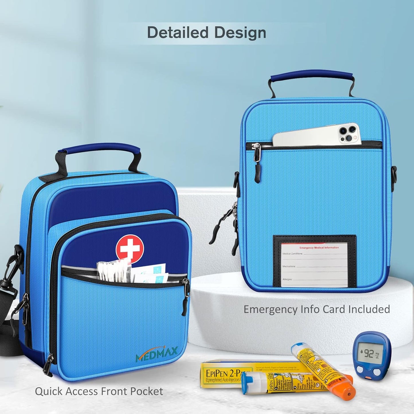 Insulin Cooler EpiPen Carrying Case Insulated, Travel Medication Diabetes Supplies Organizer Bag with Shoulder Strap for Asthma Inhaler, Auvi-Q, Allergy Medicine Essentials (Blue)