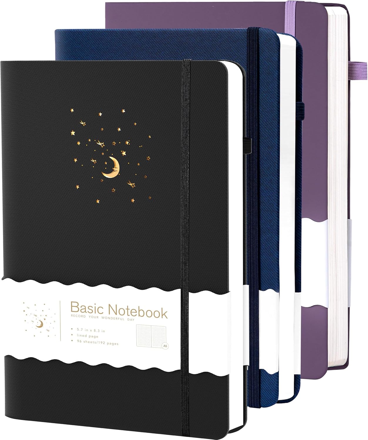 CAGIE 3 Pack Lined Journals Notebook for Work, Hardcover Journal Notebook for Women Men Journals for Writing Note Taking Diary, Black& Blue& Purple, 5.7" x 8.3"