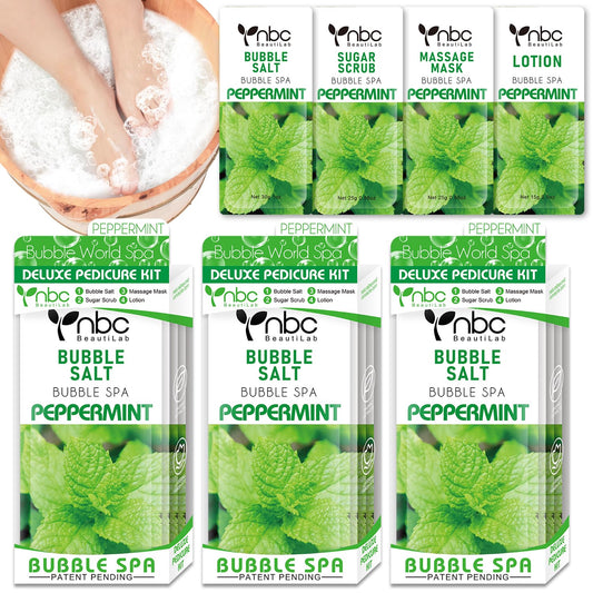 Pedicure Kit Foot Soak Set: Bubble Salt, Sugar Scrub, Massage Mask, Massage Lotion in a Box, 4 Step Foot Spa Kit for Dry Feet, Calluses and Tired Feet（3 Set Peppermint）