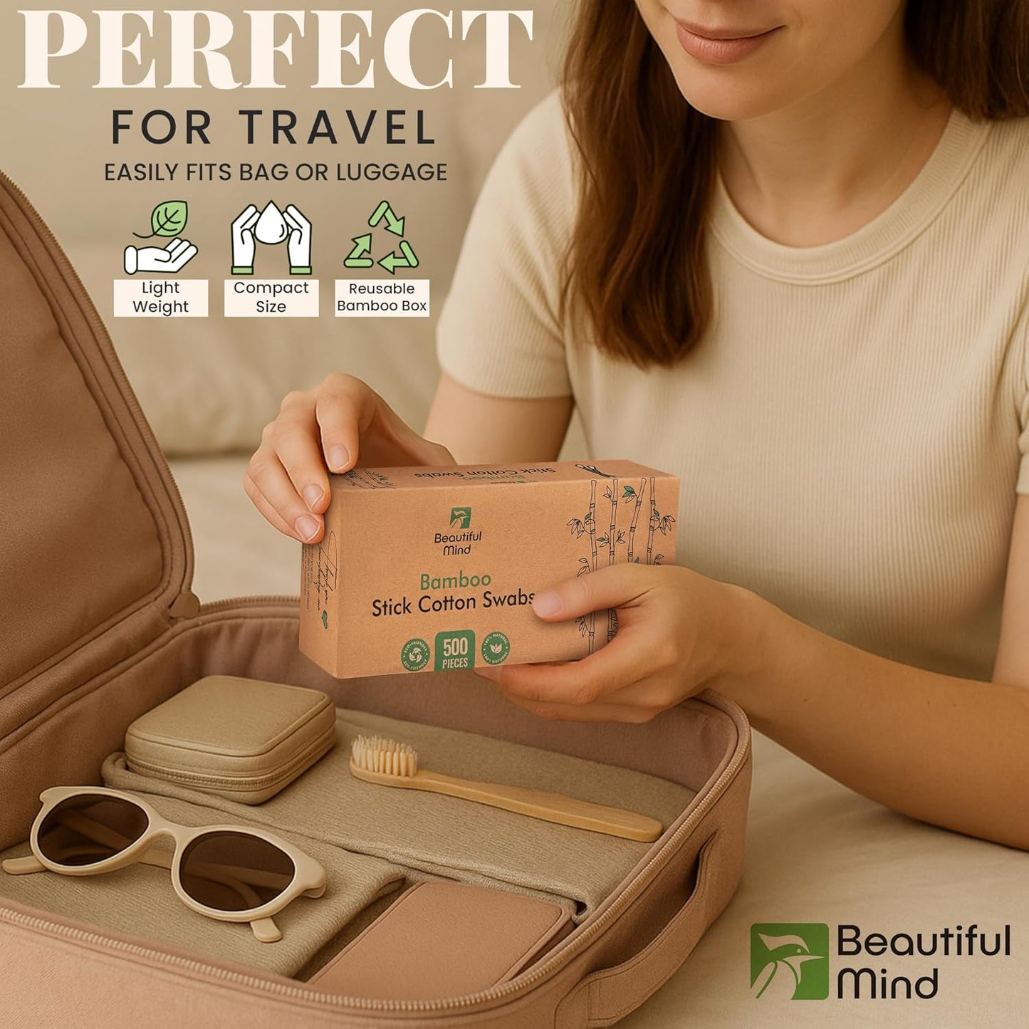 Natural Bamboo Cotton Swabs for Ears – 500 Pack – Qtips with Carbonized Bamboo for Durability – Eco-Friendly, Biodegradable & Vegan – 100% Cotton Ear Swabs for Makeup (Drawer Box)