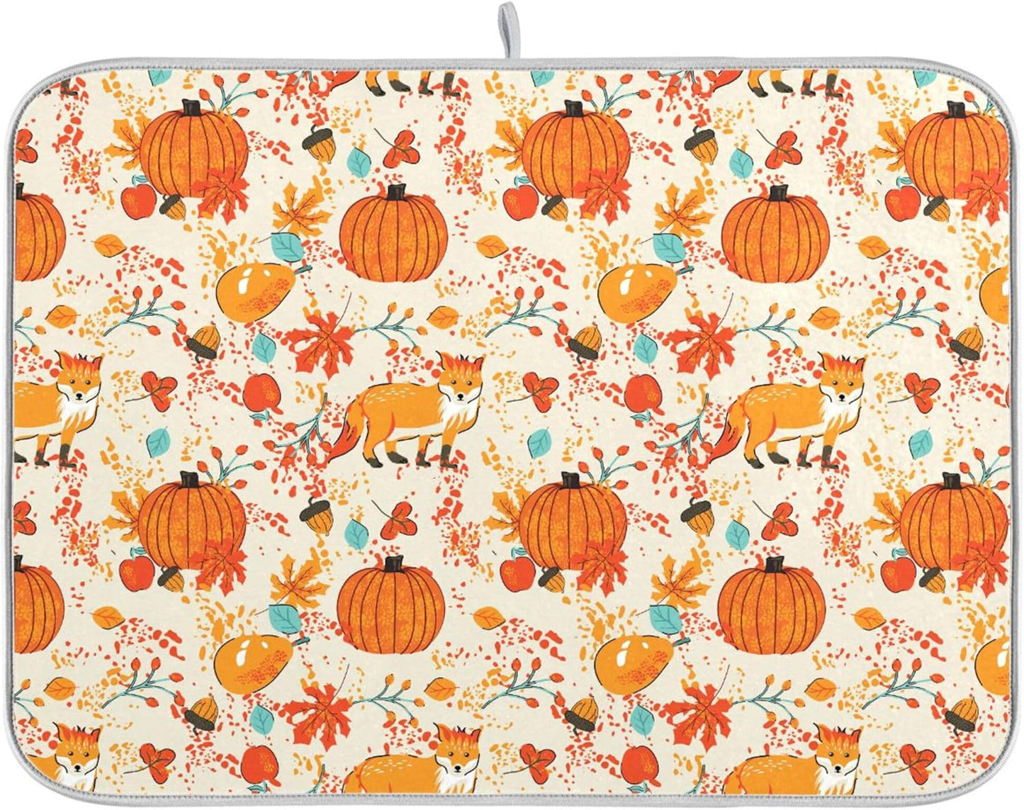 Fall Fox Dish Drying Mat for Kitchen Countertop 18x24 Autumn Chestnuts Pumpkin Berry Thanksgiving Day Large Drying Mat Reusable Quick Dry Dish Sink Mats Easy Clean Decorative Essentials