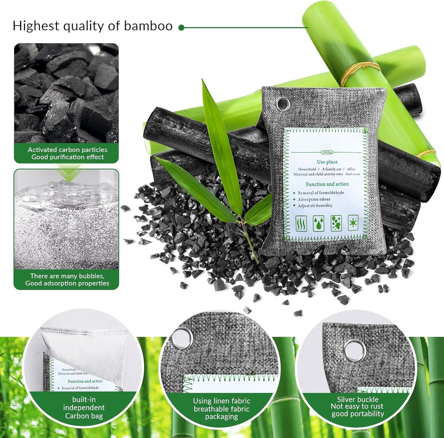 4 Pack charcoal odor absorber,Bamboo Charcoals Air Purifying Bag Charcoals Deodorizer Eliminator for Strong Odors in Car, Closet, Shoe, Basement (200G*4 Pack Gray-3, Unscented)