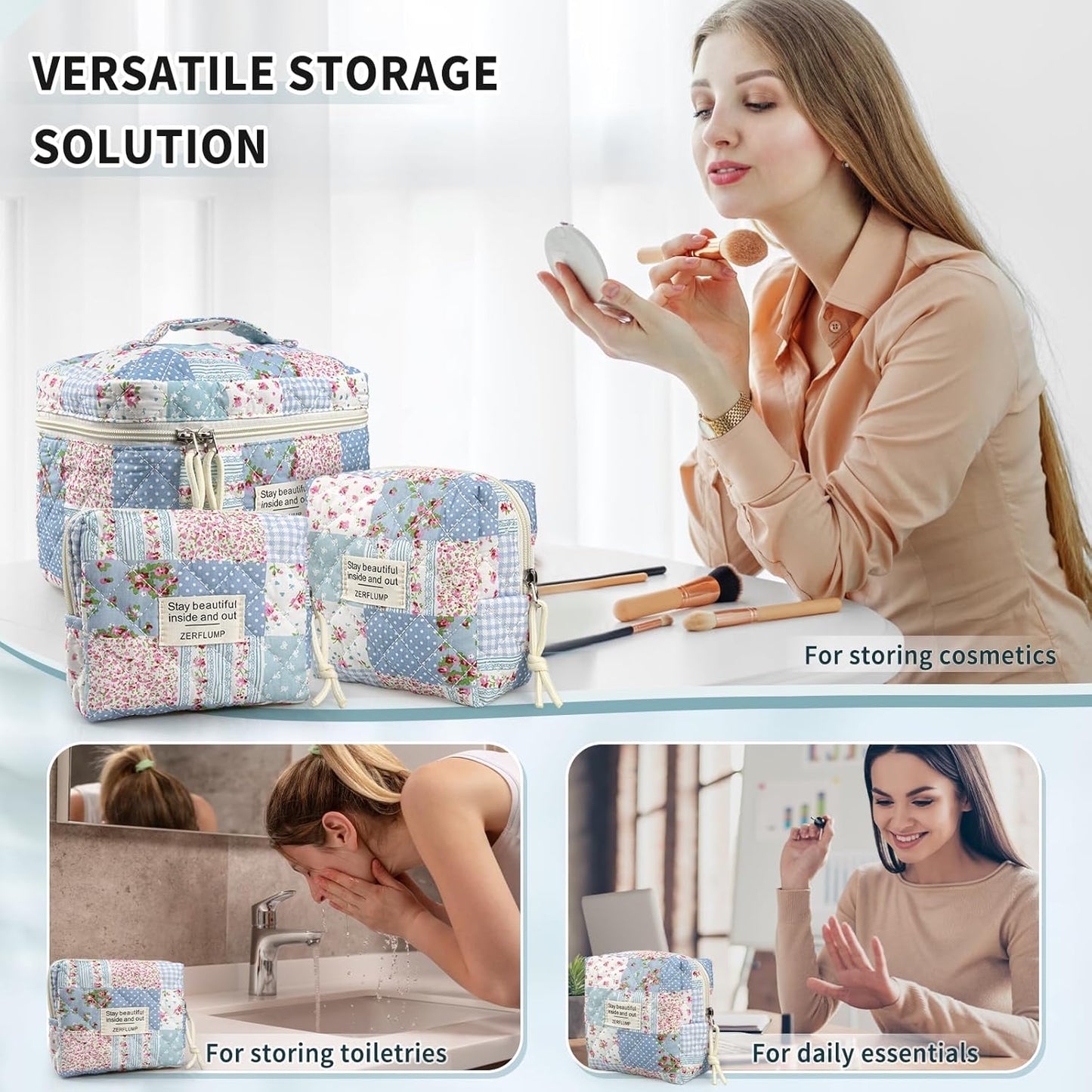 Cute Quilted Floral Makeup Bag(3Pcs)，Coquette Aesthetic Cosmetic Bag，Travel Toiletry Bags， Kawaii Aesthetic pouch for Women (64-GridRose)