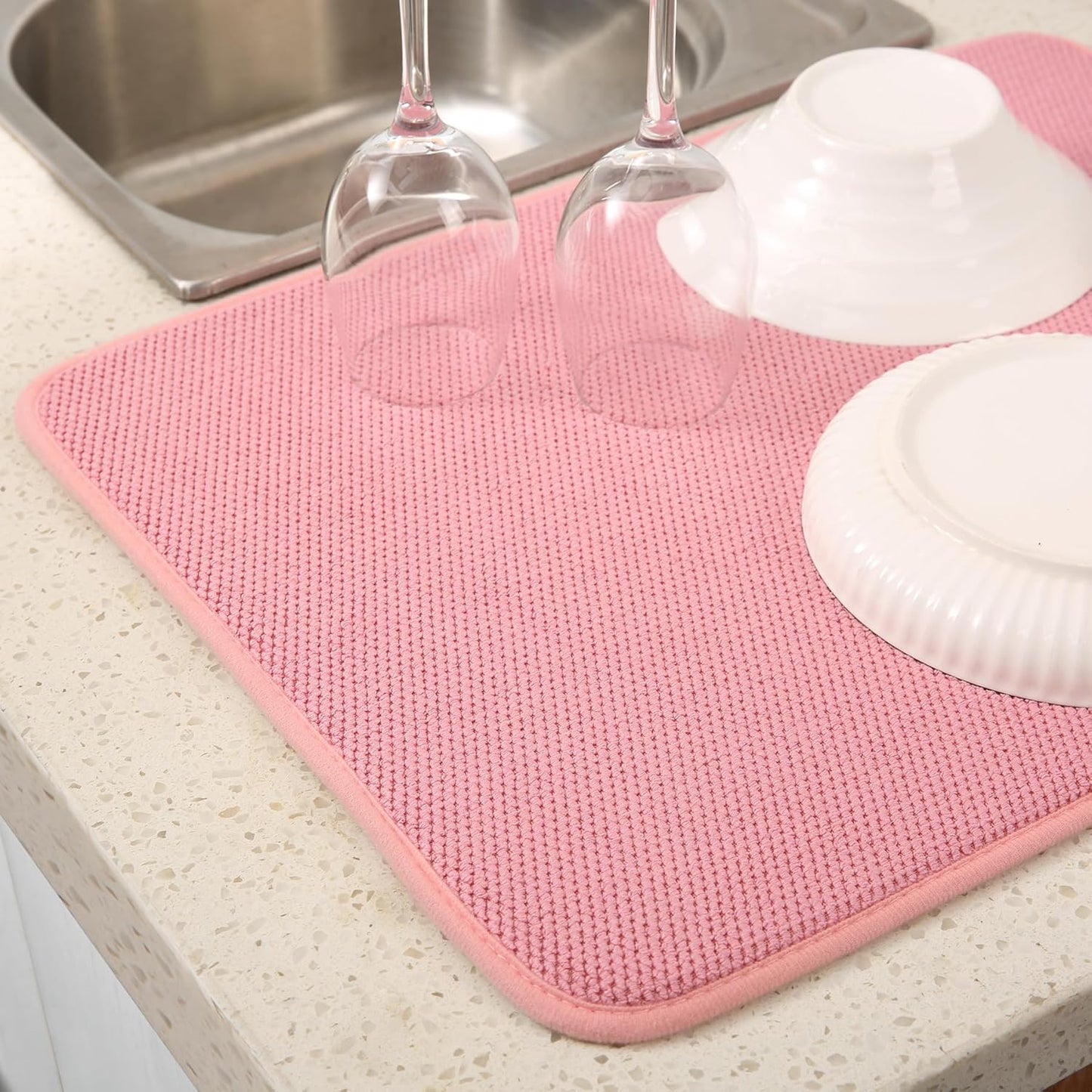 2 Pack Microfiber Dish Drying Mat for Kitchen Counter,Ultra Absorbent Dish Drainer Mat ,Dish Drying Pad , Dish Rack Mat 20×15 Inch (Pink)