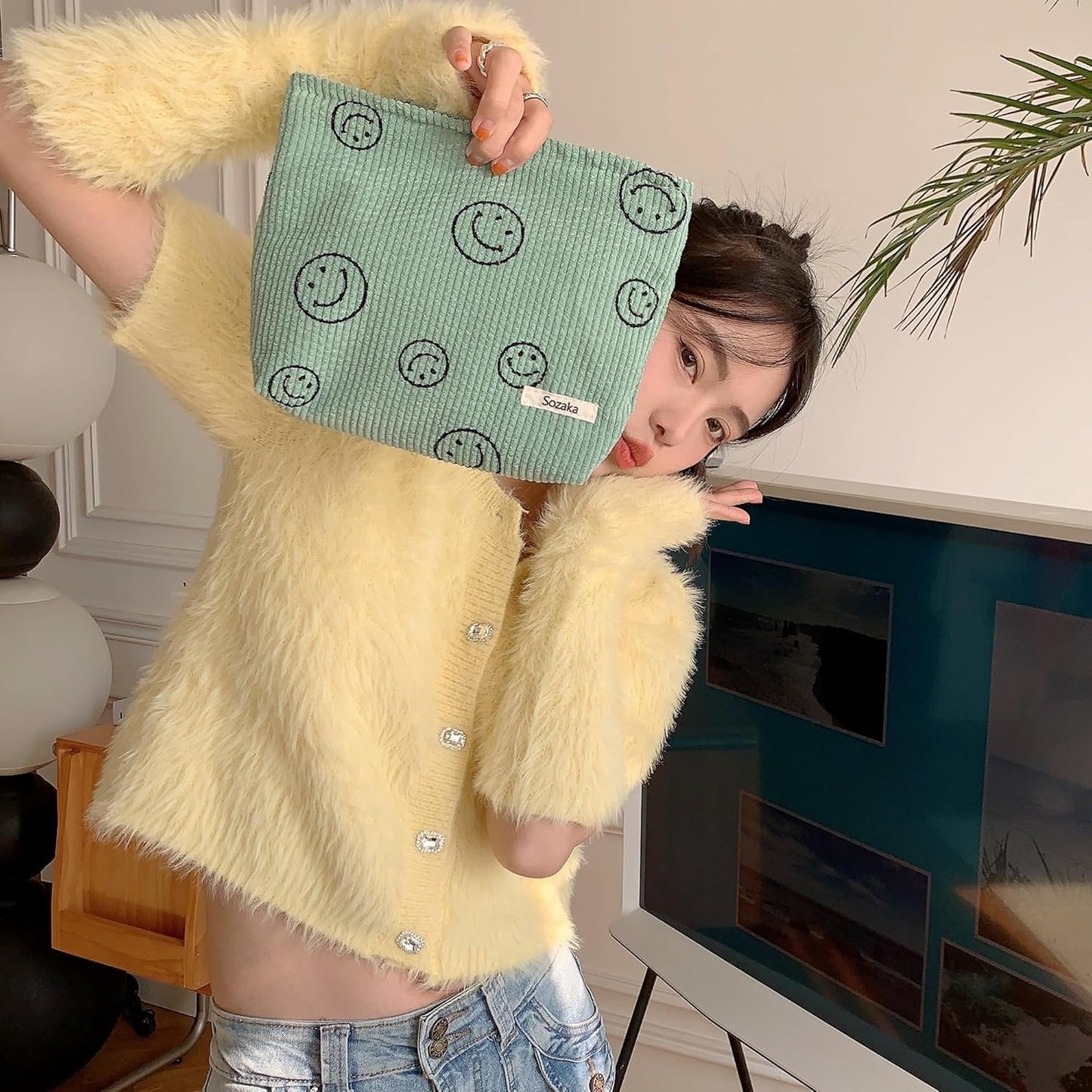 Cosmetic Bags for Women - Corduroy Cosmetic Bag Aesthetic Women Handbags Purses Smile Dots Makeup Organizer Storage Makeup Bag Girls Case Bags (A-Green)