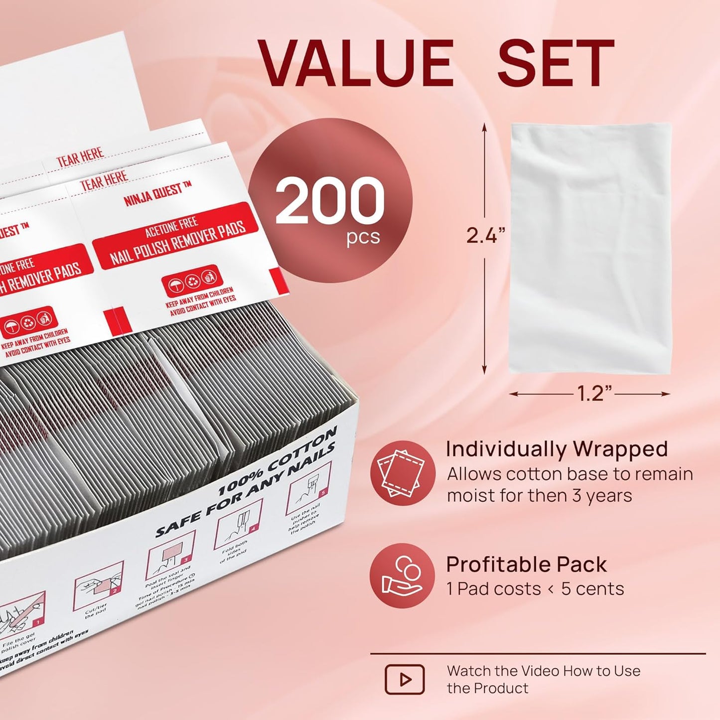 Nail Polish Remover Pads 100% Non Acetone - 200 Pack of Individually Wrapped Bulk Set Gel Nail Polish Remover Wipes - Fingernail Travel Kit to Clear Nail Polish for Home & Professional Removal