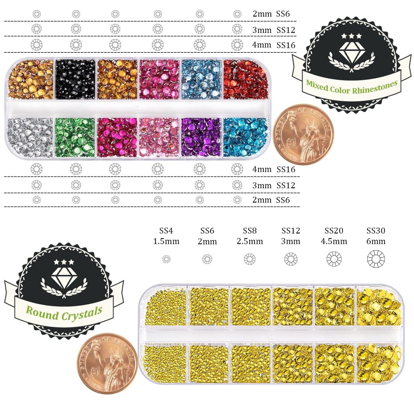 Two Packs of Flatback Rhinestones 4520 Pcs Colorful Nail Art Rhinestones Flatback Crystal Colorful+Lemon Yellow Rhinestone with Picker Pencil and Tweezer for Nail Art and Decoration
