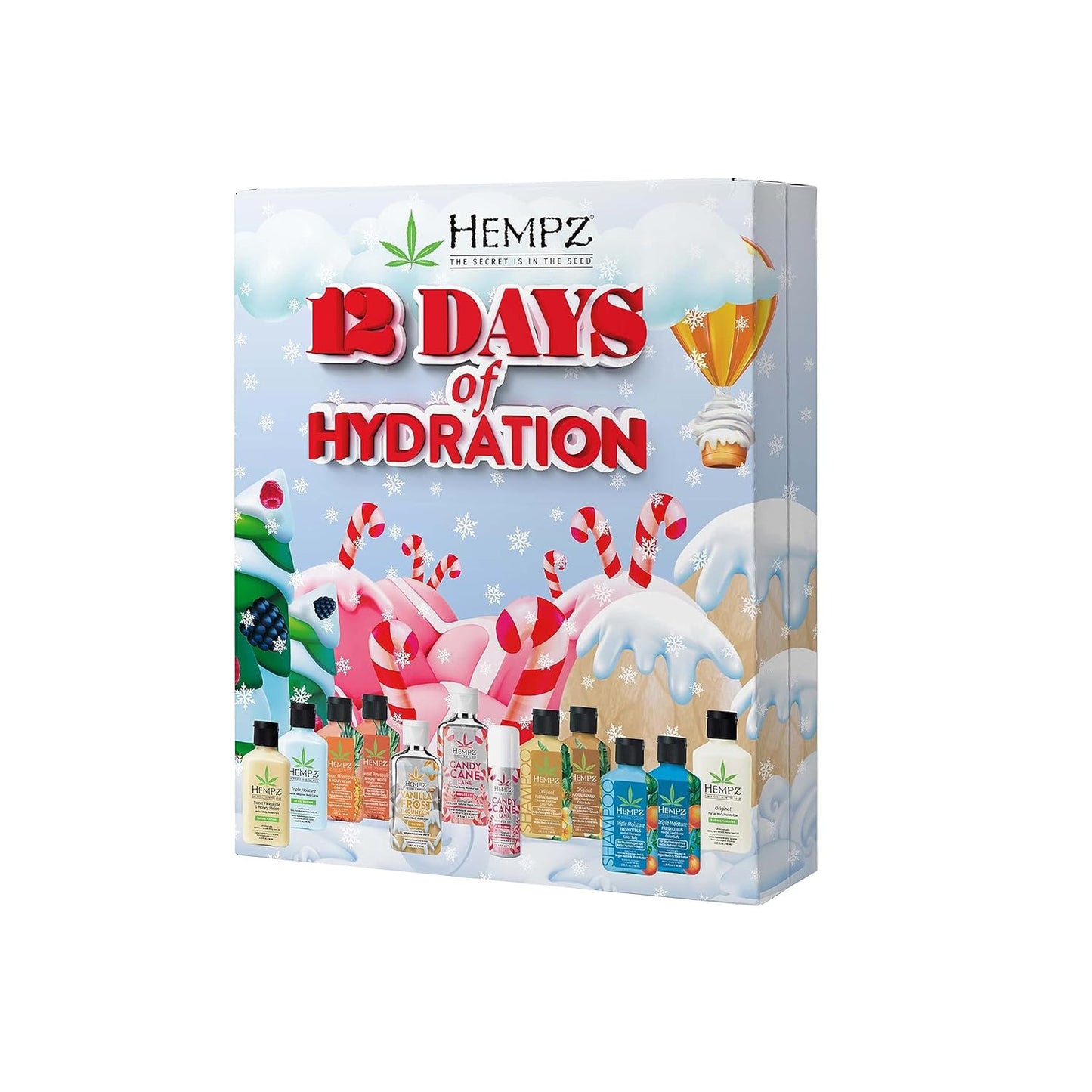 Hempz Twelve Days of Hydration Skin Care Gift Set (12-pack) - Candy Cane Moisturizer & Lip Balm, Vanilla Moisturizer, Pineapple & Melon, Original, & Triple Moisture Shampoo, Conditioner & Moisturizer