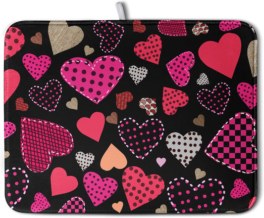 Happy Valentine's Day Kitchen Drying Mats for Dishes 18x24 Inch Love Heart Dish Drying Mat Black Pink Polka Dots Dish Drainer Mat Super Absorbent Dish Rack Pad for Coffee Bar Sinks