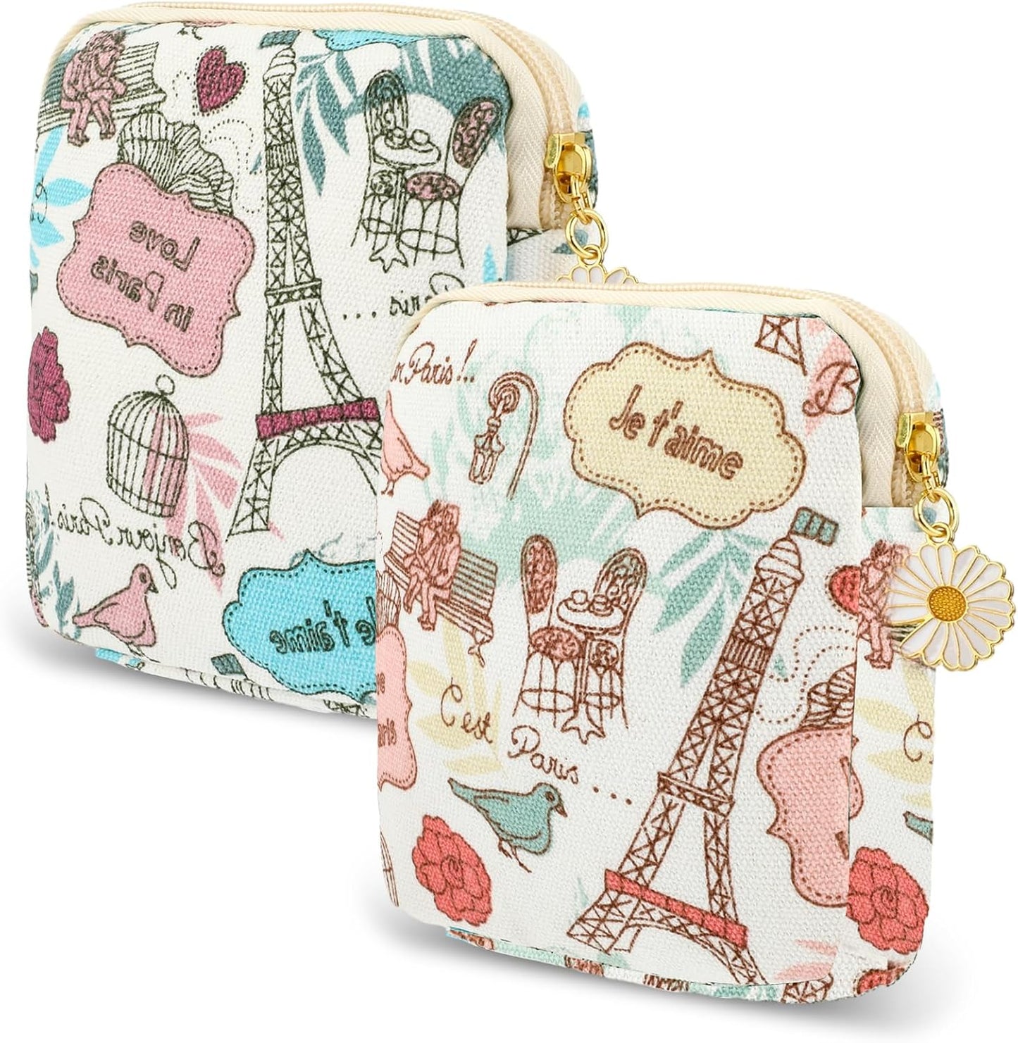 cobee 2PCS Sanitary Pad Storage Bag, Cute Sanitary Napkin Storage Purses Portable Period Bag with Daisy Zipper Panty Liner Tampon Menstrual Cup Nursing Pad Holder Pouch for Girls Women Travel(Tower)