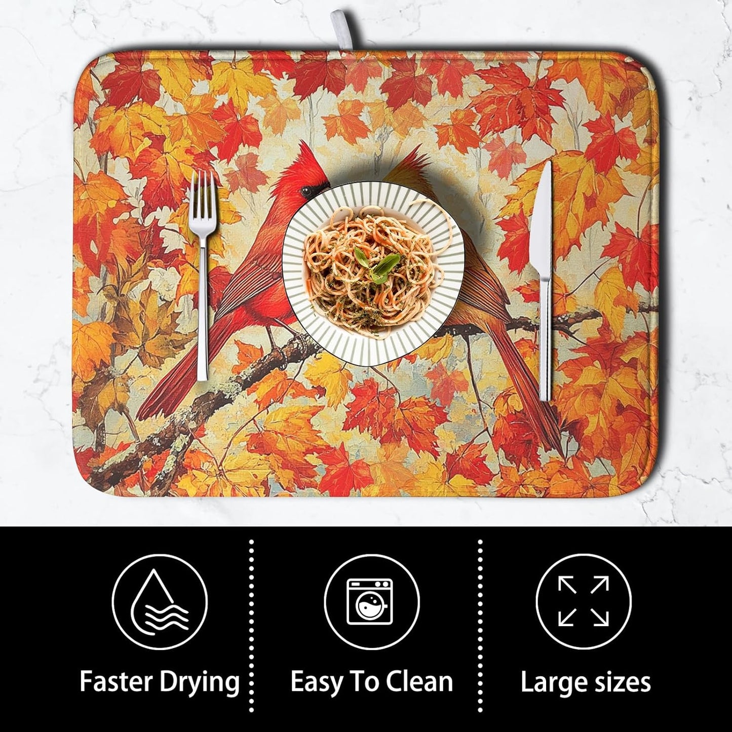 Fall Dish Drying Mats for Kitchen Counter Maple Leaf Cardinal Birds Dish Draining Mat 16x18 Inch Autumn Thanksgiving Dish Rack Mat Microfiber Absorbent Dish Drainer Pad