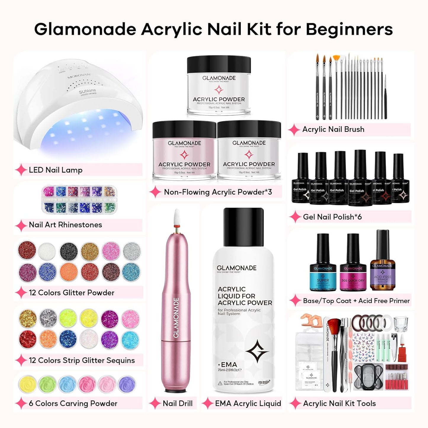 Acrylic Nail Kit with Everything: Professional Nail Kit Set for Beginners 48W Nail Lamp Complete Nail Supplies Salon
