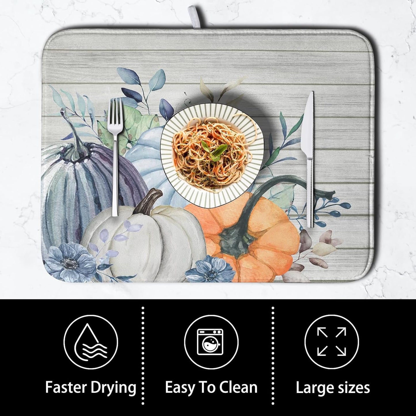 Fall Blue Orange Grey Pumpkin Kitchen Dish Drying Mat for Kitchen Counter 16x18 Inch Autumn Teal Flowers Drying Mat Thanksgiving Harvest Dish Drainer Mat Super Absorbent Dish Rack Pad for Coffee Bar