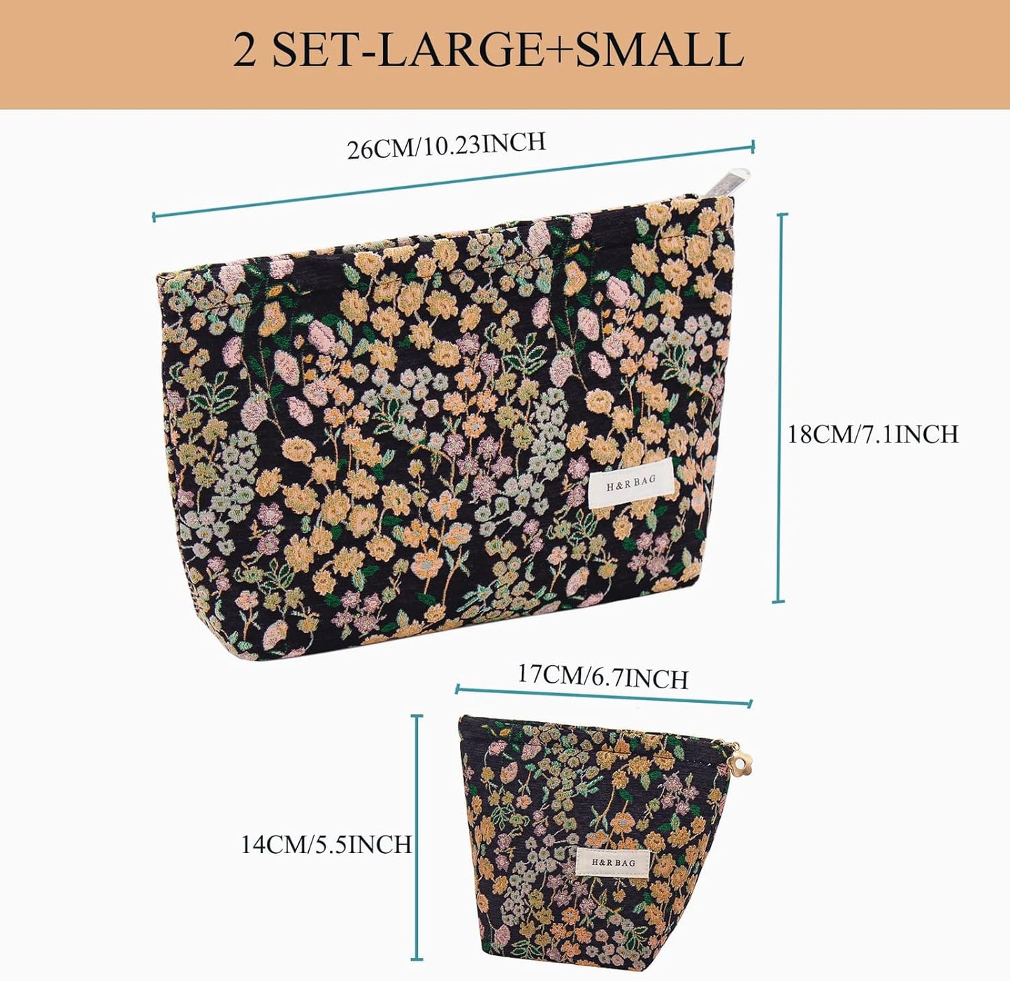 2 Pcs Makeup Bags, Large Cosmetic Bag Travel Toiletry Bag Organizer for Women, Embroidery Craft, Floral Makeup Bag Small Cosmetic Pouch Purse with Zipper Gifts for Girls Teen