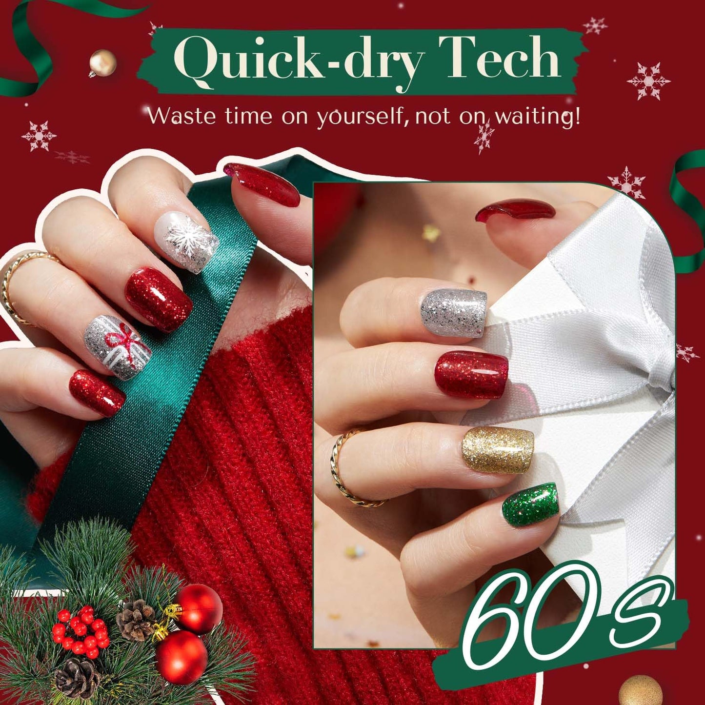 AZUREBEAUTY Nail Polish Set, 4 Colors Christmas Glitter Red Green Gold Silver Quick Dry Natural Fingernail Lacquer Strengthening Treatment Kit with Top Coat DIY Salon at Home