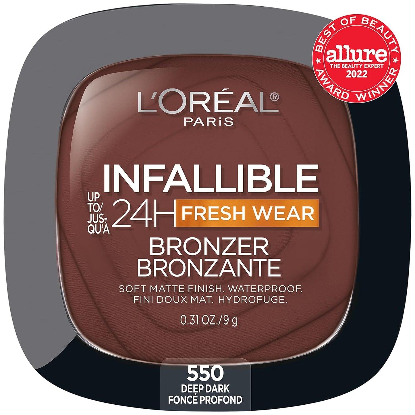 L'Oreal Paris Infallible Up to 24H Fresh Wear Soft Matte Longwear Bronzer. Waterproof, heatproof, Transfer, humidity and sweatproof, Deep Dark, 0.31 oz