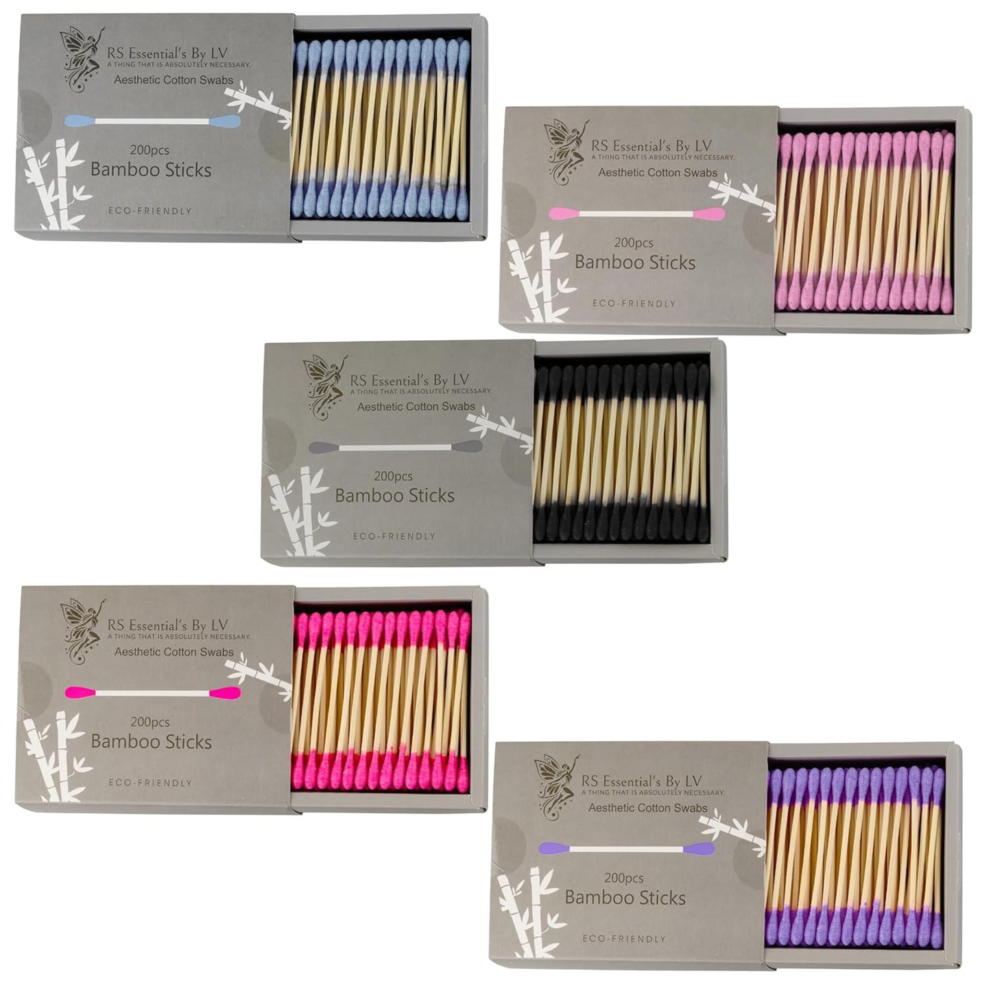 RS ESSENTIAL'S BY LV: Aesthetic Cotton Swabs Sticks Ear Swabs Bamboo swabs 200 Count Cotton Buds In 5 Colorful Colors (Black)