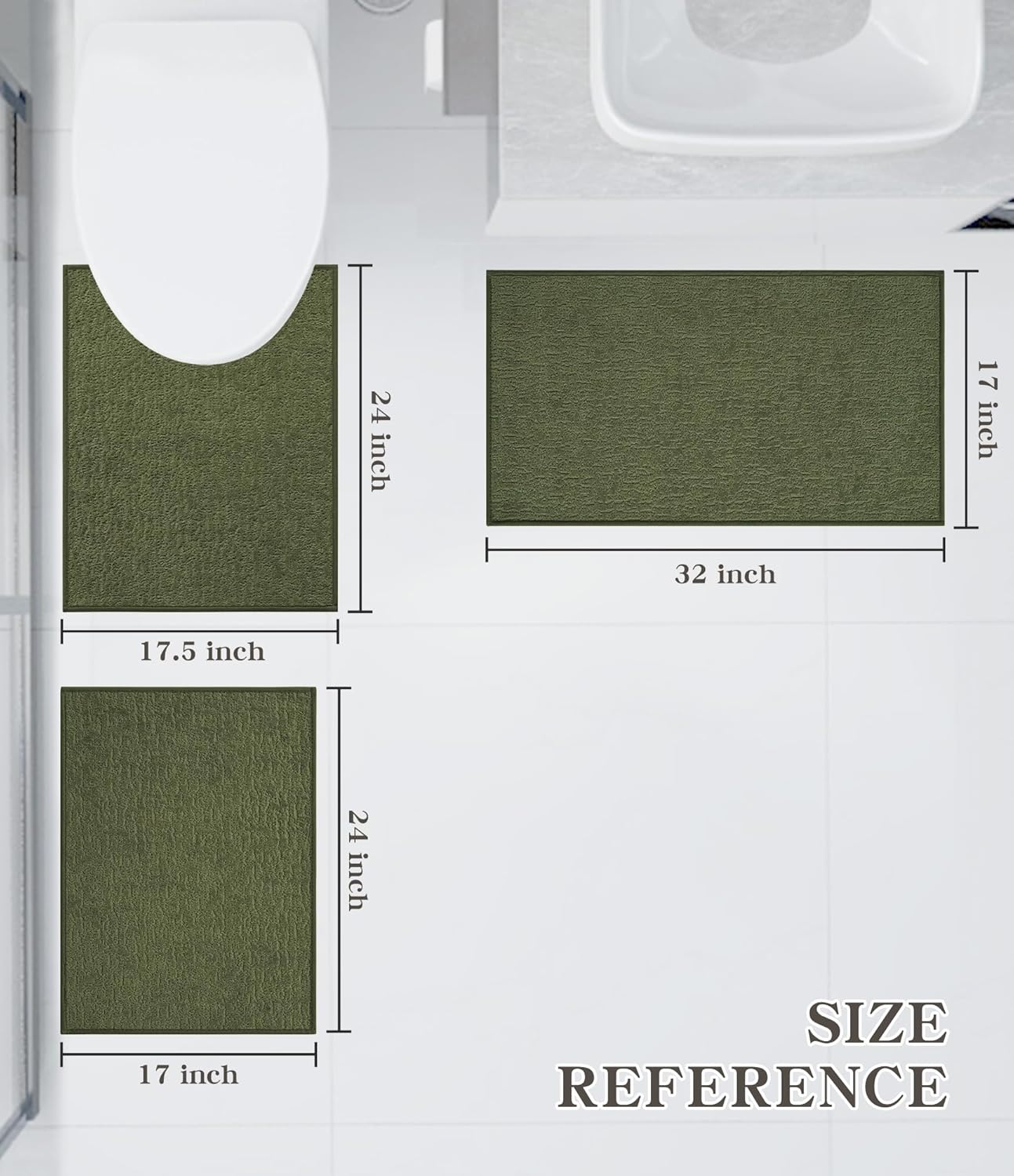 chakme Bathroom Rug Sets 3 Piece, Ultra Thin Bath Mat Quick Dry Bath Mat Set, Absorbent Bath Mat for Bathroom Non Slip Machine Washable, (Dark Green, 3 Piece)