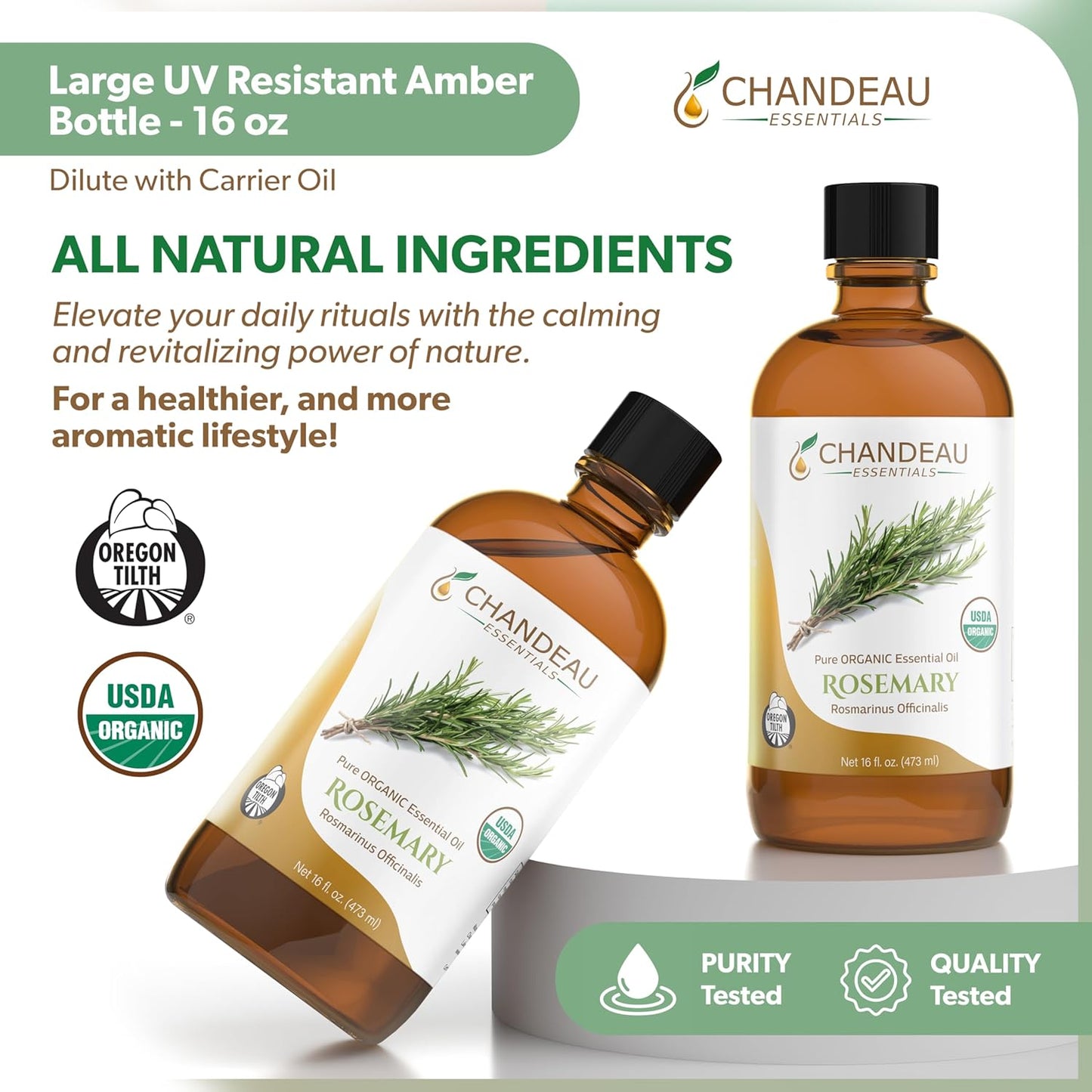 100% Pure Organic Essential Oil, Pure Rosemary Essential Oil for Aromatherapy, Soap Making, Candles, Laundry, Perfume, Cleaners or Diffusers - Large Amber Glass Bottle, 16 oz.