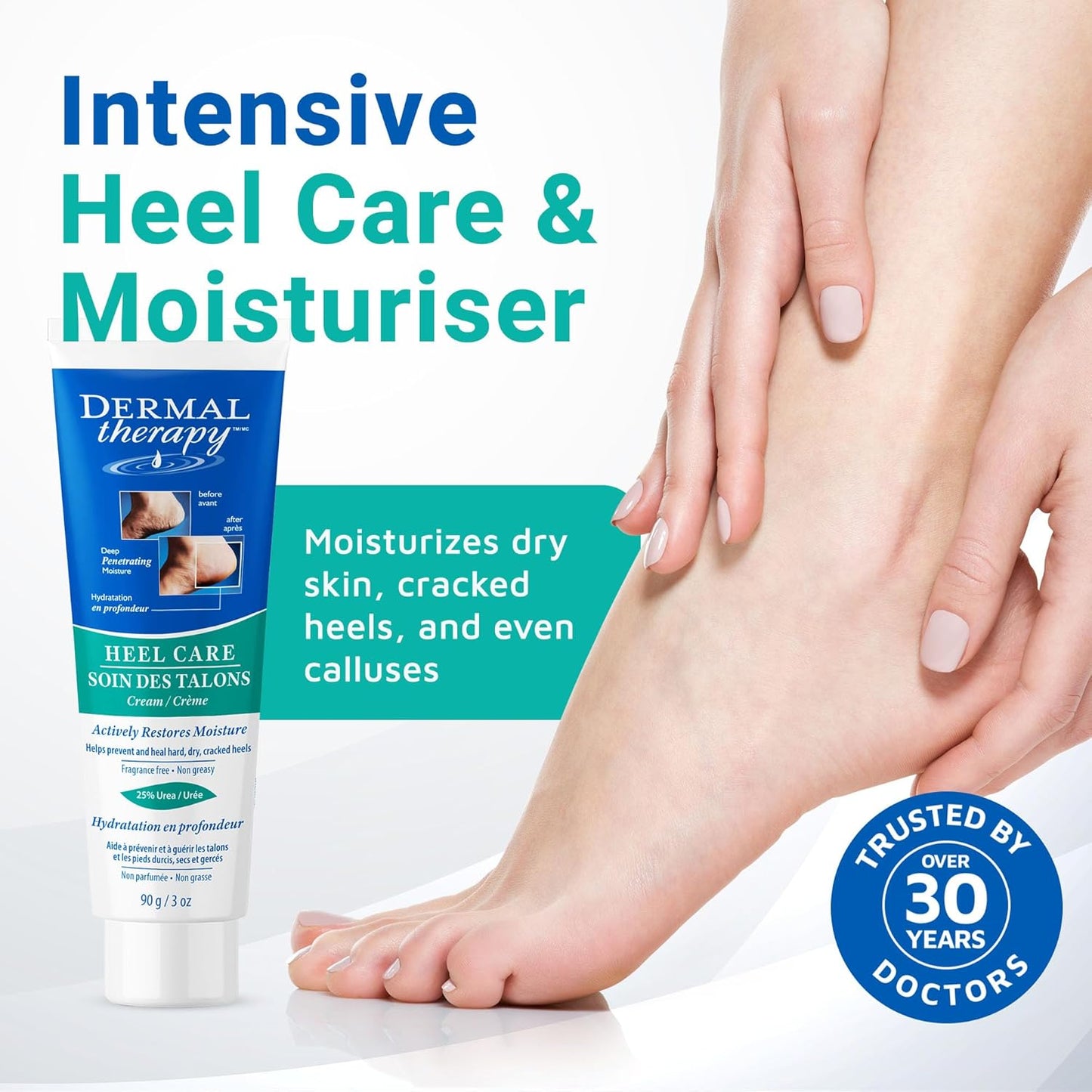 Dermal Therapy - Heel Care Cream, Foot Cream for Dry Cracked Heels, Intense Foot Moisturizer with Urea and AHA, Foot Lotion and Feet Exfoliator with Non-Greasy Formula, 3 o.z.