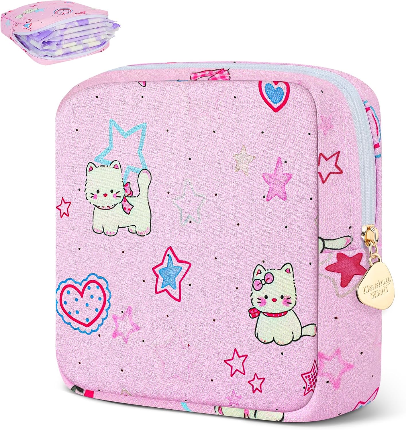 Desing Wish Sanitary Pad Storage Bag Portable Period Bag for Teen Pads/Sanitary Napkins/Small Tampons, Sanitary Napkin Storage Bag First Period Gifts for Teen Girls (Bowknot Star Cats)