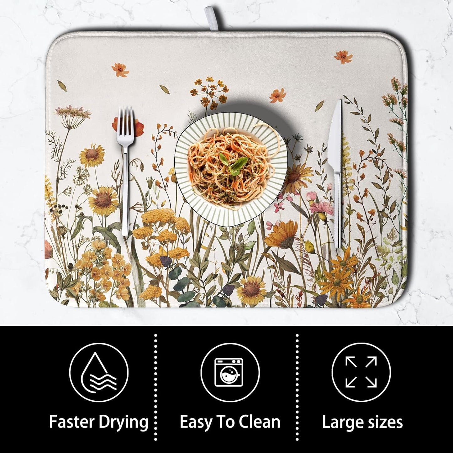 Fall Floral Dish Drying Mat for Kitchen Counter Autumn Burnt Orange Wild Flowers Dish Draining Mat Absorbent Microfiber Dishes Pad Washable Dish Drainer Rack Mat Medium 16"x18"